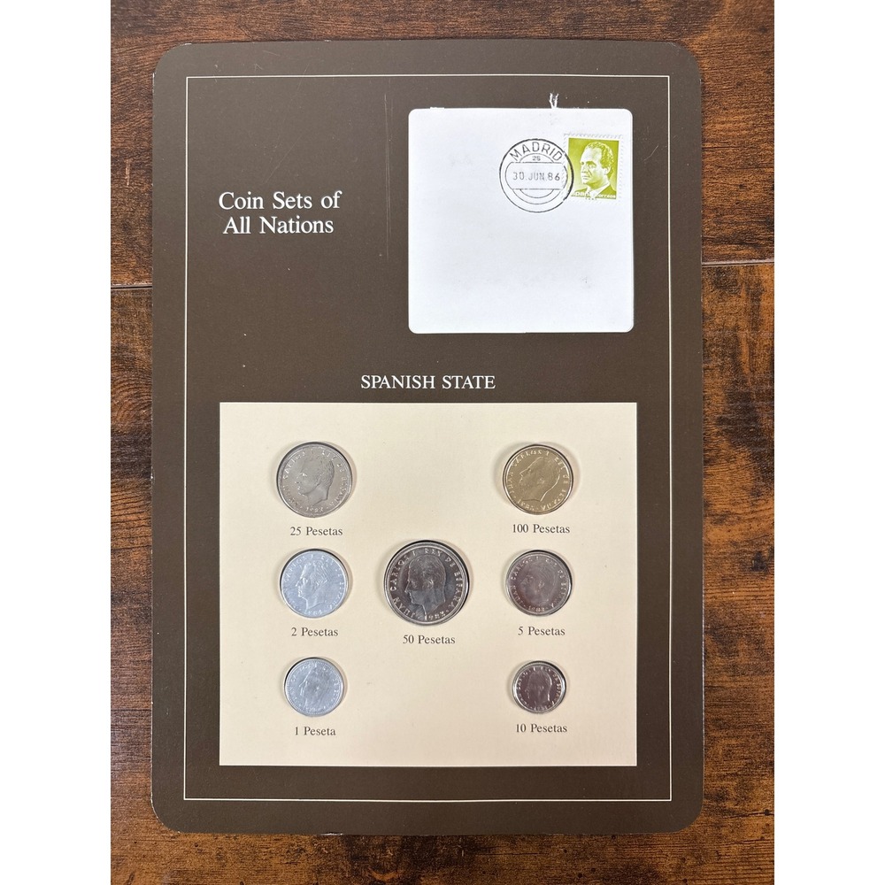 Spain Coin Sets of All Nations Franklin Mint 1986 Madrid Postmark 7 Coins